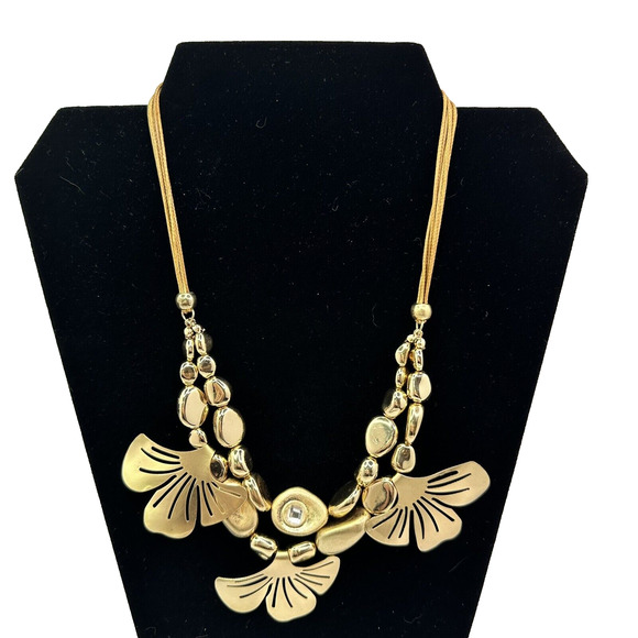 C 1946 Signed Gold Tone Gingko Leaves and‎ Round Beads Necklace Leather Cord - Picture 3 of 12